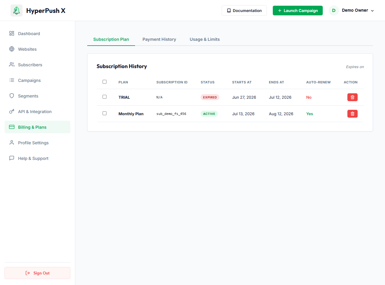 Real Subscriptions & Plan Usage UI
